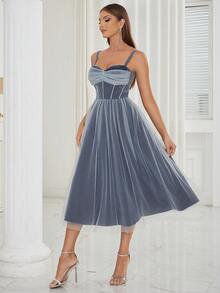 Rhinestone Detail Mesh Overlay Cami Dress - Dusty Blue - View 5