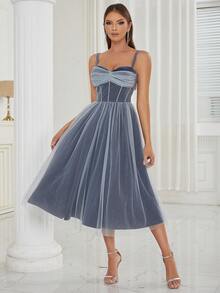 Rhinestone Detail Mesh Overlay Cami Dress - Dusty Blue - View 6