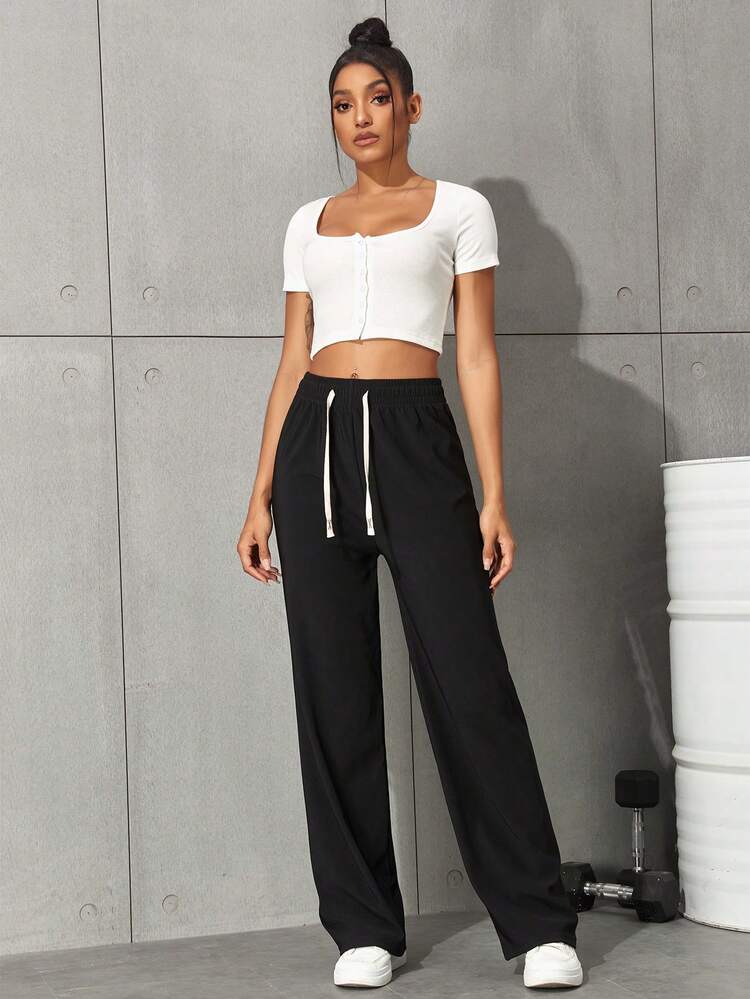 Drawstring Waist Flap Pocket Wide Leg Cargo Pants