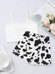 Girls Cow Print Lettuce Trim Cami Top & Shorts PJ Set - White - View 2