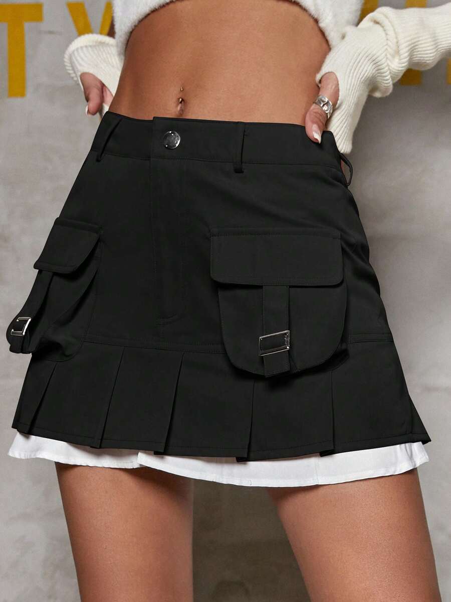 翻蓋口袋百褶下擺工裝裙 - 黑色 - 查看 1