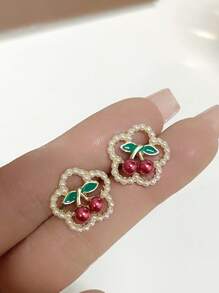 1對彩色珍珠櫻花形狀耳釘 - 彩色 - 查看 3