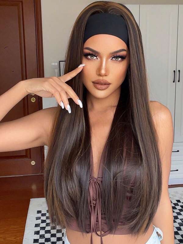 HAIRCUBE Straight Headband Wigs for Women Brown Highlight Synthetic