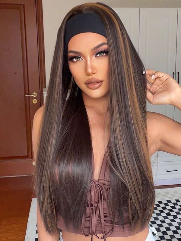HAIRCUBE Straight Headband Wigs for Women Brown Highlight Synthetic