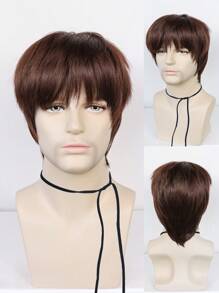男士短直筒角色扮演合成假髮帶劉海 - 棕色 - 查看 1