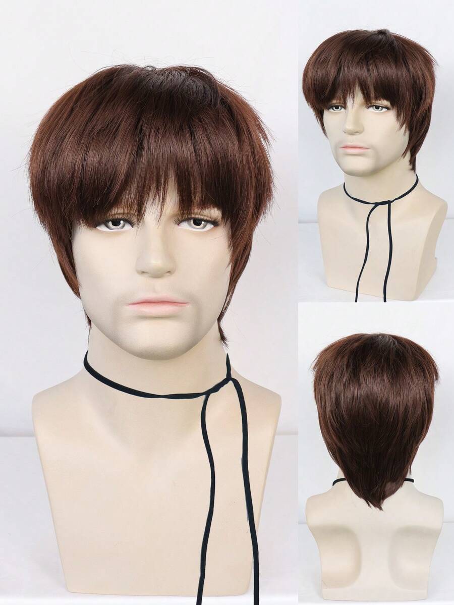 男士短直筒角色扮演合成假髮帶劉海 - 棕色 - 查看 1