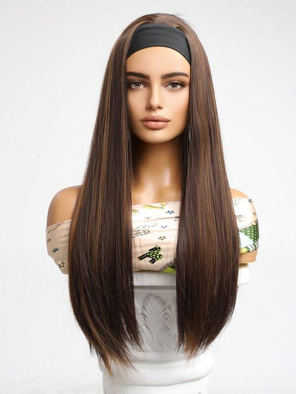 HAIRCUBE Straight Headband Wigs for Women Brown Highlight Synthetic
