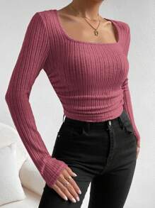 SHEIN EZwear Square Neck Ruched Side Tee - Red - View 1