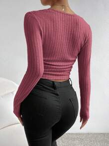 SHEIN EZwear Square Neck Ruched Side Tee - Red - View 2