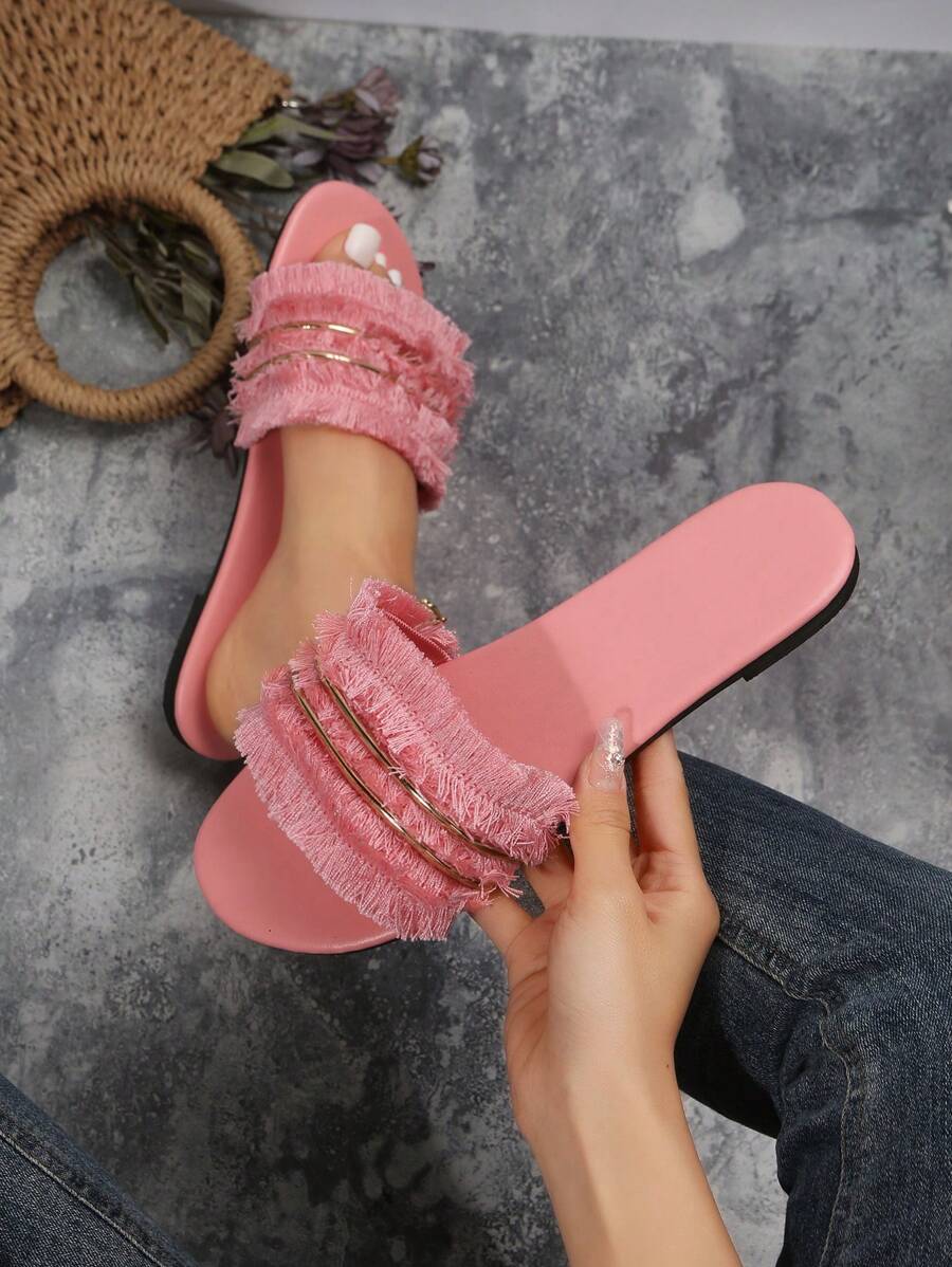Dép đế bằng trang trí tua rua cho nữ, Dép trượt vải màu hồng thời trang - Hồng - Xem 1
