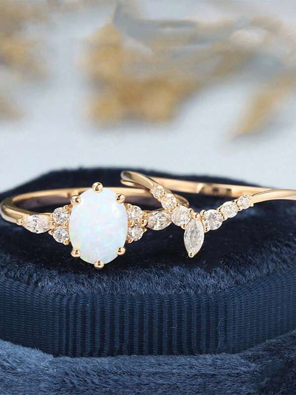 2 piezas Anillo doble de moda con piedra de ópalo de colores incrustada, regalo de joyería para boda y aniversario para mujeres