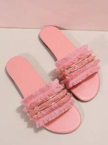 Dép đế bằng trang trí tua rua cho nữ, Dép trượt vải màu hồng thời trang - Hồng - Xem 4