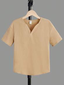 SHEIN 男孩素色缺口領落肩袖上衣 - 杏色 - 查看 1