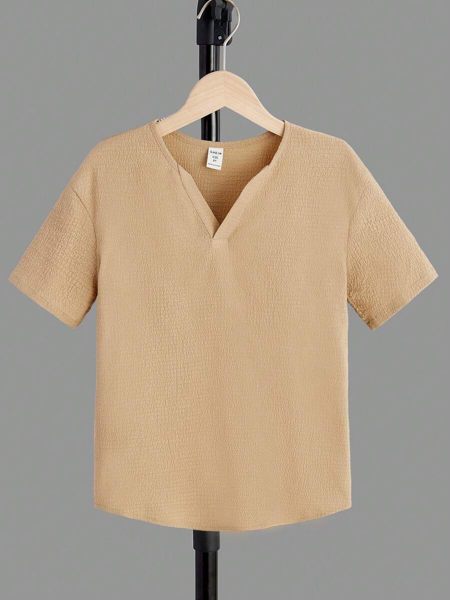 SHEIN 男孩素色缺口領落肩袖上衣 - 杏色 - 查看 1