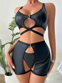 PU Leather Criss Cross Lingerie Set With 1pair Leg Ring - Black - View 3