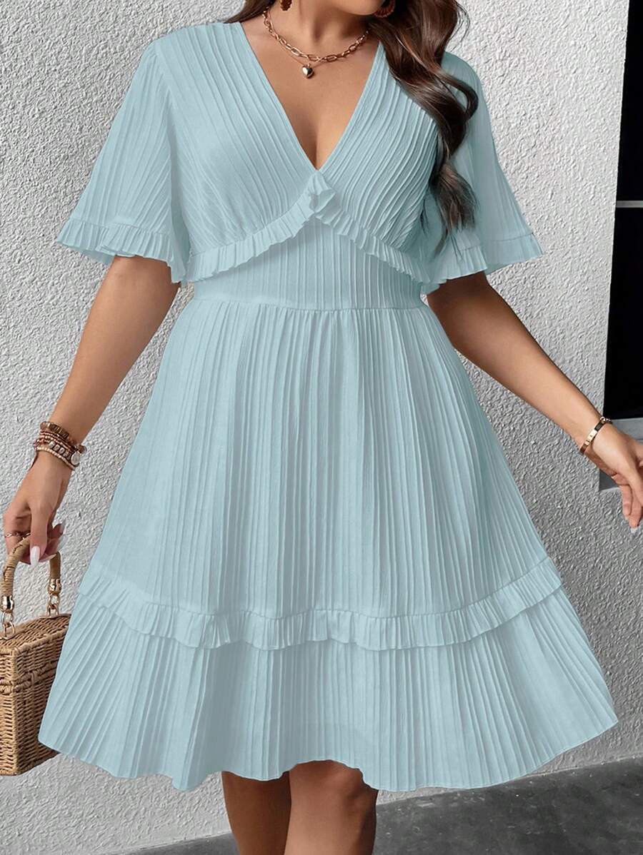 Flirla Plus Ruffle Trim Plunge Neck Ruffle Hem Dress - Baby Blue - View 1
