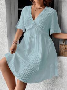 Flirla Plus Ruffle Trim Plunge Neck Ruffle Hem Dress - Baby Blue - View 5