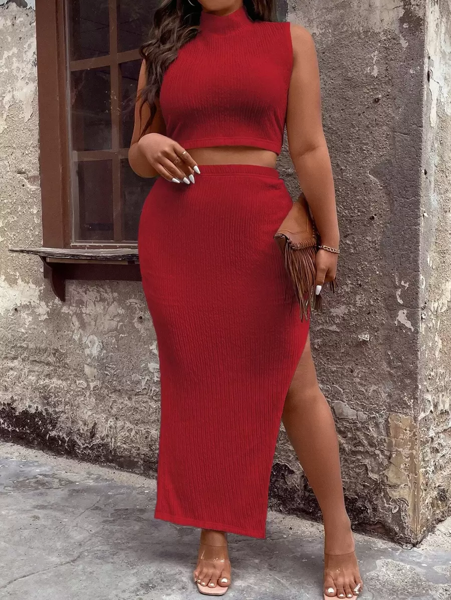 SHEIN Unity Plus Mock Neck Crop Tank Top & Split Thigh Skirt - Red - View 1