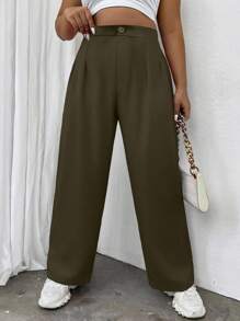 Flirla 大碼高腰拼接細節長褲 - 軍綠色 - 查看 1