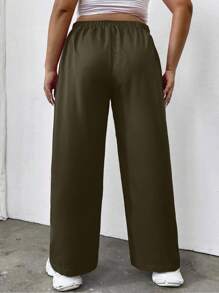 Flirla 大碼高腰拼接細節長褲 - 軍綠色 - 查看 2