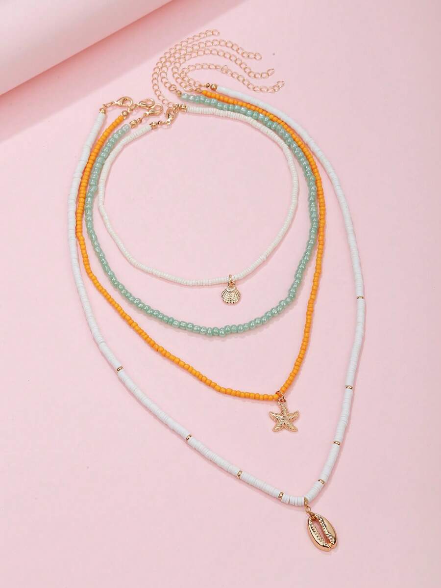 4pcs/set Fashion Glass Starfish & Shell Charm Beaded Necklace For Women ...