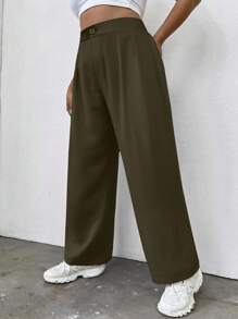 Flirla 大碼高腰拼接細節長褲 - 軍綠色 - 查看 3