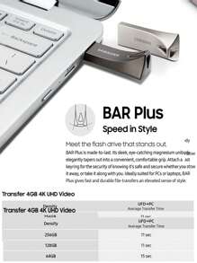 Samsung BAR PLUS USB 闪存盘 64GB 128GB 256GB USB 闪存盘 USB3.1 笔式驱动器 最高可达 300MB/S - 銀色 - 查看 5
