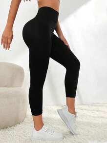 Yoga Basic 寬腰帶運動打底褲 - 黑色 - 查看 1