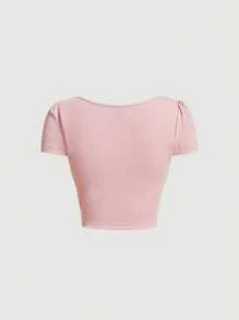 SHEIN MOD 蕾絲拼接前蝴蝶結短款T恤 - 淺粉色 - 查看 2