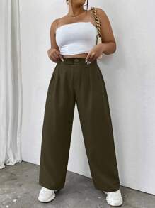 Flirla 大碼高腰拼接細節長褲 - 軍綠色 - 查看 4