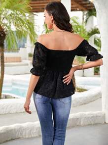 SHEIN Frenchy Áo sơ mi nữ Xù Viên lá sen Dải chun màu trơn Boho - màu đen - Xem 2