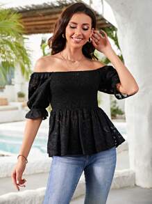 SHEIN Frenchy Áo sơ mi nữ Xù Viên lá sen Dải chun màu trơn Boho - màu đen - Xem 3