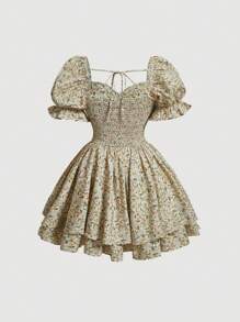 SHEIN MOD 大碼碎花泡泡袖後背繫帶連衣裙 - 彩色 - 查看 2