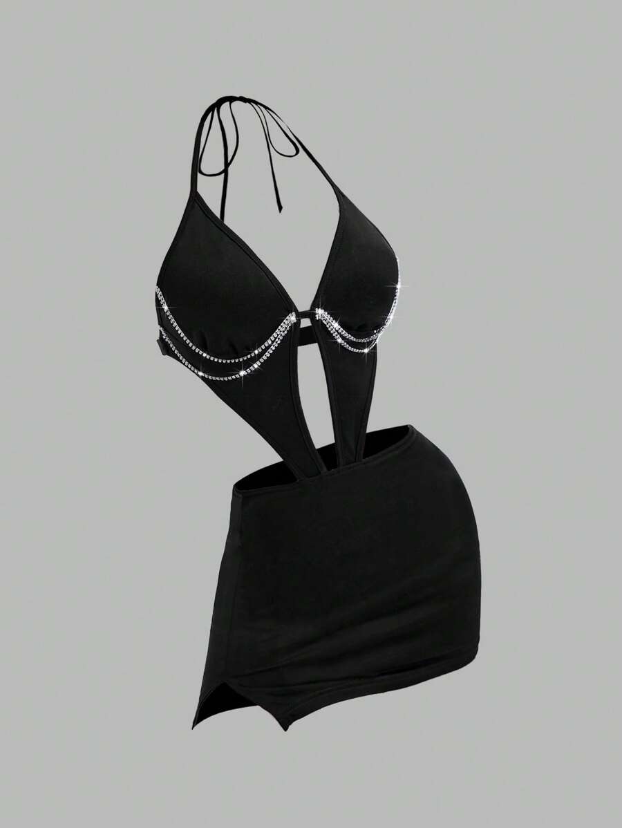 SHEIN ICON Slim Fit Plus Size Halter V-Neck Dress With Diamond Chain Decoration - Black - View 1