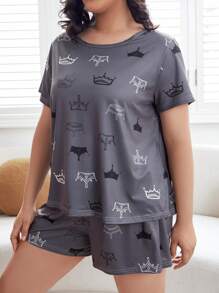 Plus 皇冠印花 T 恤和短裤睡衣套装 / 睡衣套装 - 深灰色 - 查看 1