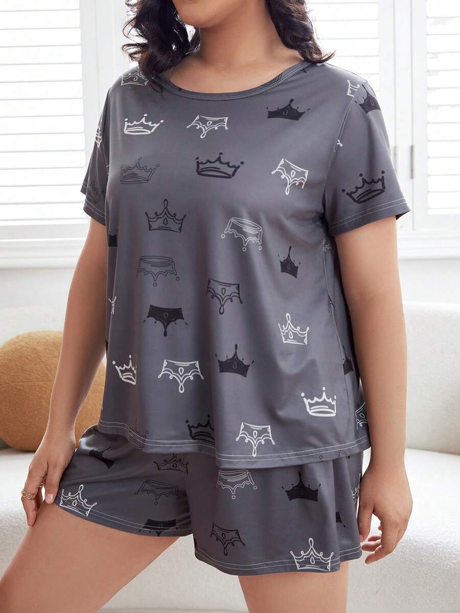 Plus 皇冠印花 T 恤和短裤睡衣套装 / 睡衣套装 - 深灰色 - 查看 1