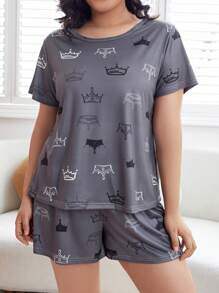 Plus 皇冠印花 T 恤和短裤睡衣套装 / 睡衣套装 - 深灰色 - 查看 4