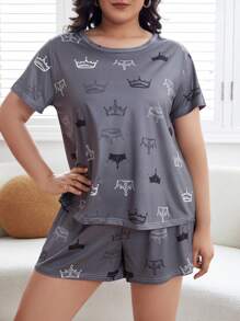 Plus 皇冠印花 T 恤和短裤睡衣套装 / 睡衣套装 - 深灰色 - 查看 6