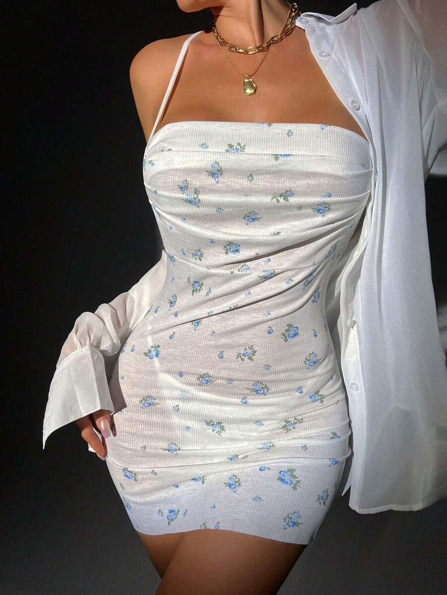 Floral Print Criss Cross Sexy Lingerie Dress With Panty UnderwearOuter