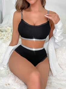 拼接邊內衣套裝 - 黑色 - 查看 4