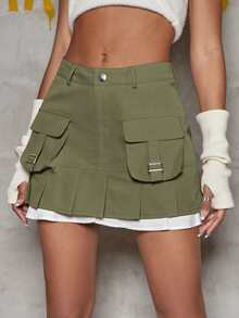 Tương phản Trim Flap Pocket Xếp li Hem Cargo Váy - xanh quân đội - Xem 4