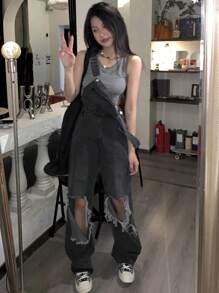 素色挖空細節直筒牛仔背帶褲 - 黑色 - 查看 1