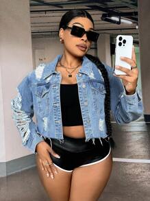 SHEIN SXY Cazadora mezclilla desgarro ribete sin dobladillo de hombros caídos - Lavado ligero - Ver 1