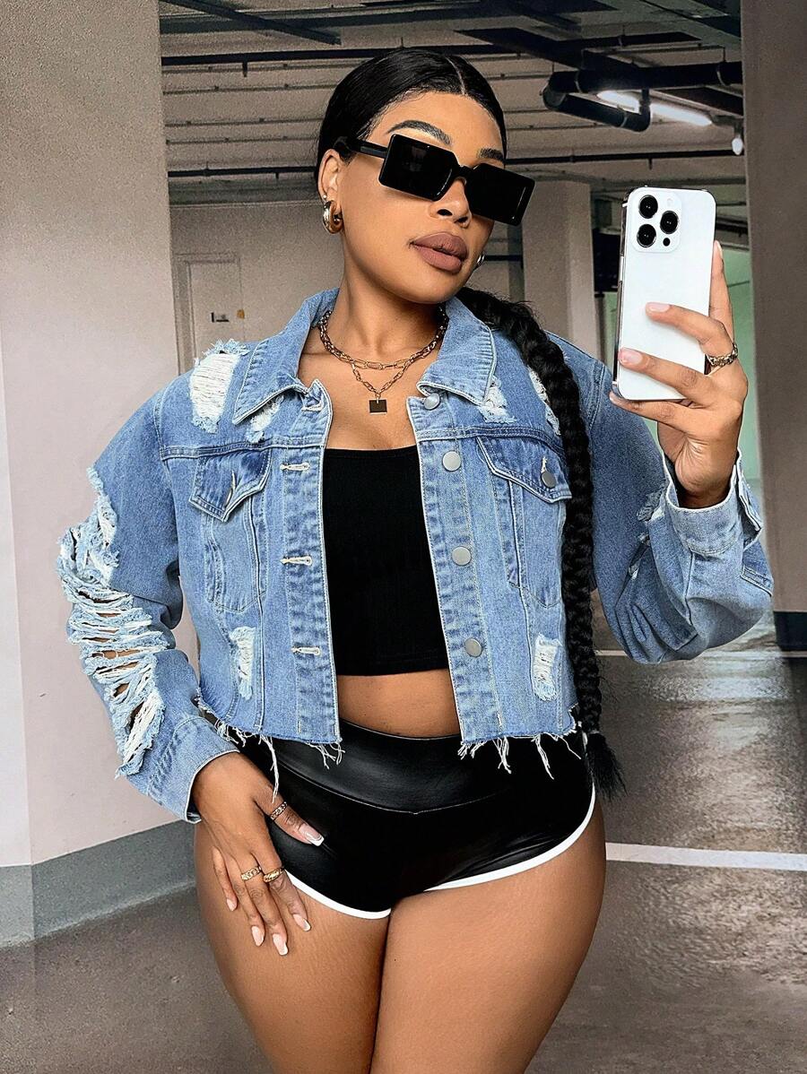 SHEIN SXY Cazadora mezclilla desgarro ribete sin dobladillo de hombros caídos - Lavado ligero - Ver 1