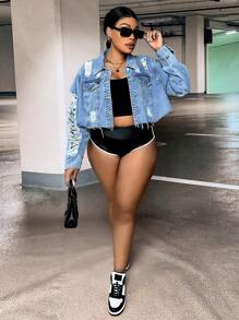 SHEIN SXY Cazadora mezclilla desgarro ribete sin dobladillo de hombros caídos - Lavado ligero - Ver 3