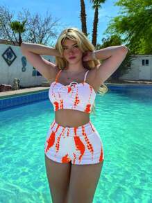 Swim Vcay Summer Beach Tie Dye Drawstring Bikini Set - Orange - View 1