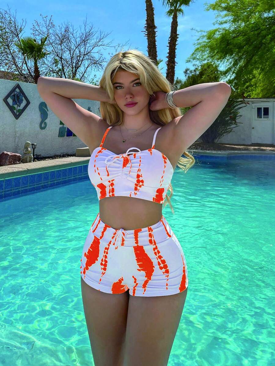 Swim Vcay Summer Beach Tie Dye Drawstring Bikini Set - Orange - View 1