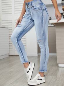 SHEIN Essnce Ripped Raw Hem Skinny Jeans - Light Wash - View 1