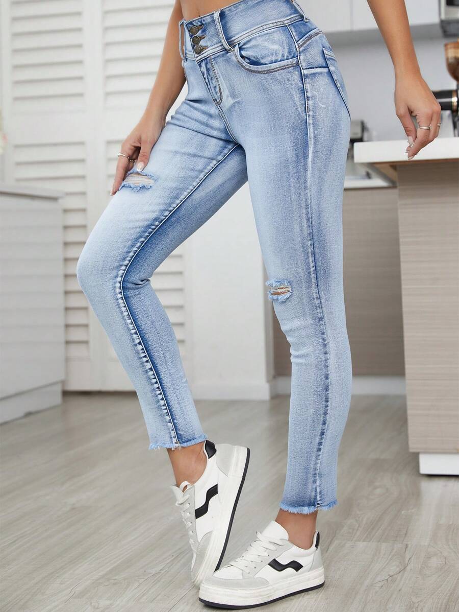 SHEIN Essnce Ripped Raw Hem Skinny Jeans - Light Wash - View 1