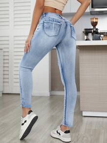 SHEIN Essnce Ripped Raw Hem Skinny Jeans - Light Wash - View 2
